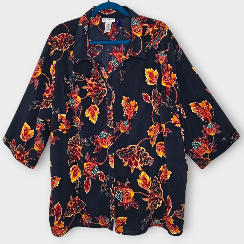 Catherines Button Up Blouse Size 3XWP Black Orange Dark Floral 3/4 Sleeve Light